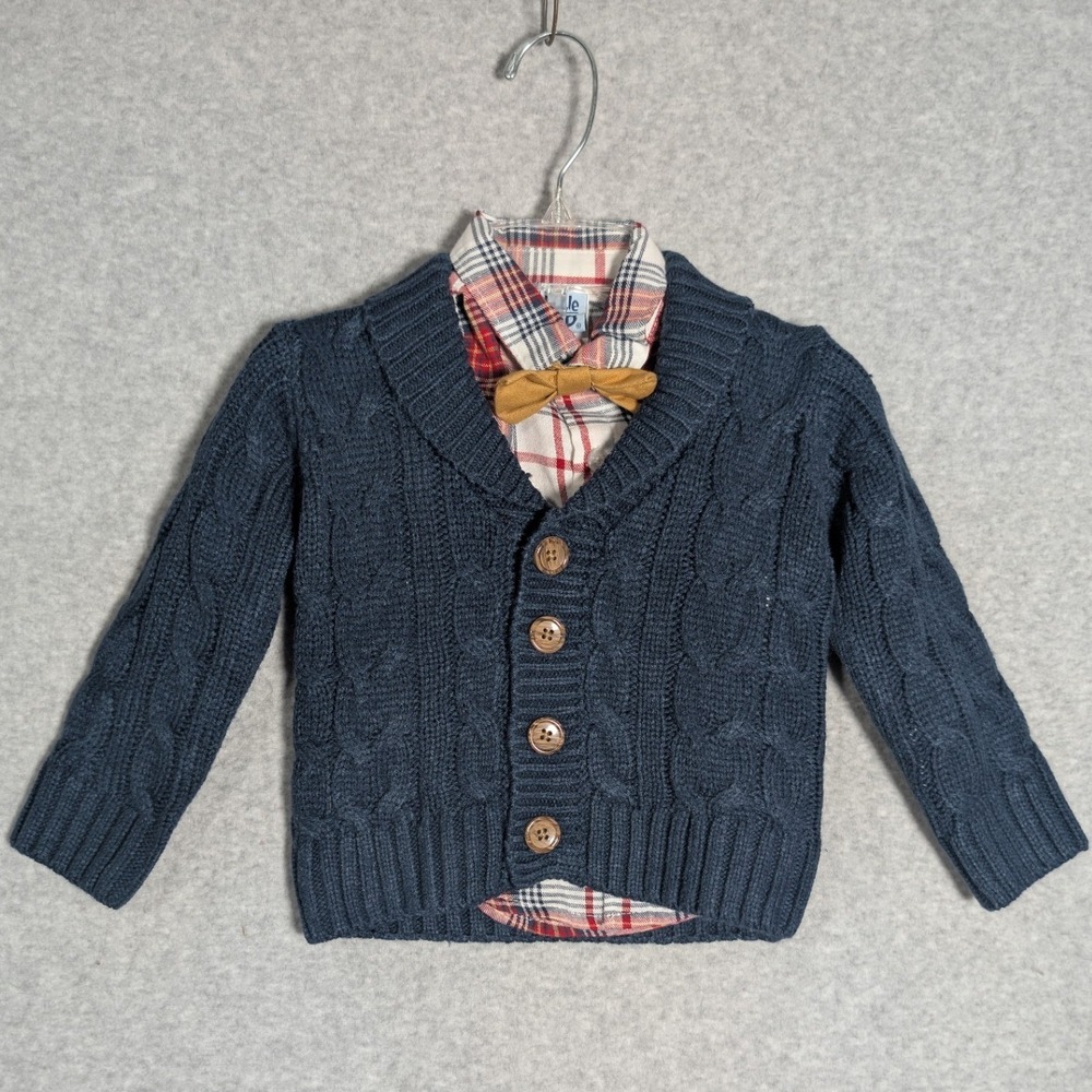 Little Lad Boys 12M Navy Cable Knit Cardigan Plaid Shirt Bow Tie‎ Preppy Dressy